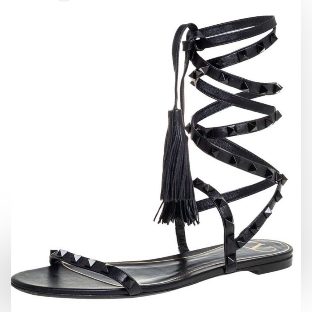 Valentino Garavani Rockstud Gladiator Sandals Black Leather Lace Up Tassel EU 39